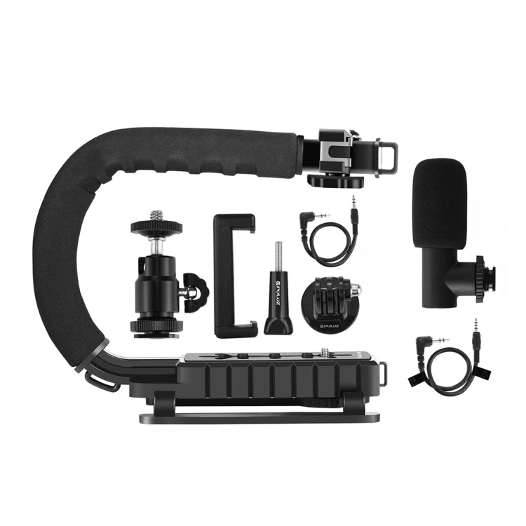 PULUZ U/C Shape Portable Handheld DV Bracket Stabilizer + Video Shotgun Microphone Kit with Cold Shoe Tripod Head  for All SLR Cameras and Home DV Camera