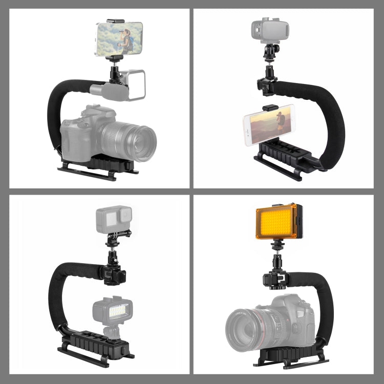 PULUZ U/C Shape Portable Handheld DV Bracket Stabilizer + LED Studio Light Kit with Cold Shoe Tripod Head  for All SLR Cameras and Home DV Camera