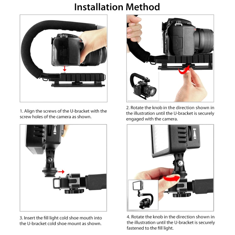 PULUZ U/C Shape Portable Handheld DV Bracket Stabilizer + LED Studio Light Kit with Cold Shoe Tripod Head  for All SLR Cameras and Home DV Camera