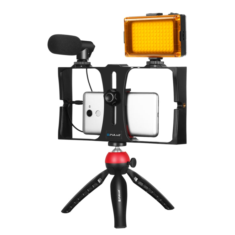 PULUZ 4 in 1 Vlogging Live Broadcast LED Selfie Light Smartphone Video Rig Kits with Microphone + Tripod Mount + Cold Shoe Tripod Head for iPhone, Galaxy, Huawei, Xiaomi, HTC, LG, Google, and Other Smartphones