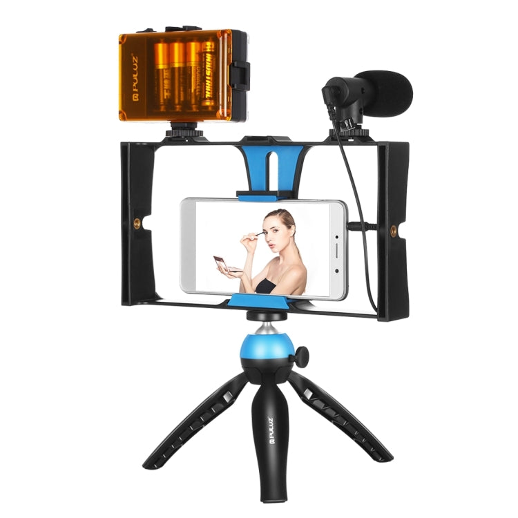 PULUZ 4 in 1 Vlogging Live Broadcast LED Selfie Light Smartphone Video Rig Kits with Microphone + Tripod Mount + Cold Shoe Tripod Head for iPhone, Galaxy, Huawei, Xiaomi, HTC, LG, Google, and Other Smartphones