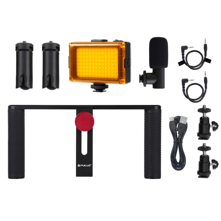 PULUZ 4 in 1 Vlogging Live Broadcast LED Selfie Light Smartphone Video Rig Handle Stabilizer Aluminum Bracket Kits with Microphone + Tripod Mount + Cold Shoe Tripod Head
