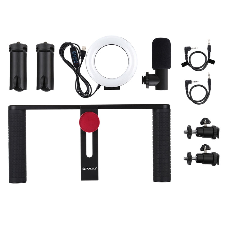 PULUZ 4 in 1 Vlogging Live Broadcast 4.7 inch 12cm Ring LED Selfie Light Smartphone Video Rig Handle Stabilizer Aluminum Bracket Kits with Microphone + Tripod Mount + Cold Shoe Tripod Head