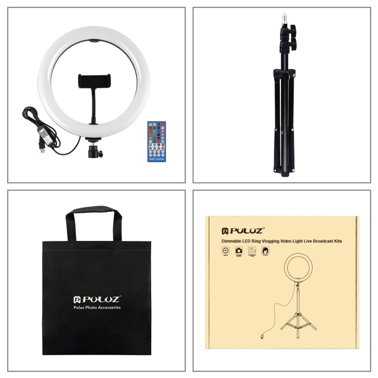 PULUZ 1.1m Tripod Mount + 10.2 inch 26cm RGBW LED Ring Vlogging Video Light  Live Broadcast Kits with Remote Control & Cold Shoe Tripod Ball Head & Phone Clamp