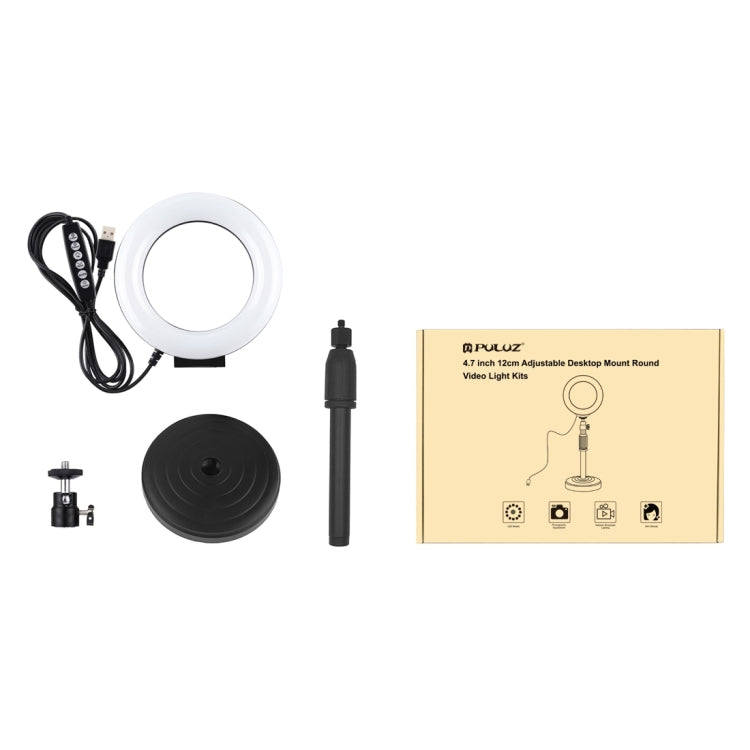 PULUZ 4.7 inch 12cm Curved Surface Ring Light + Round Base Desktop Mount USB 10 Modes 8 Colors RGBW Dimmable LED Ring Selfie Beauty Vlogging Photography Video Lights with Cold Shoe Tripod Ball Head