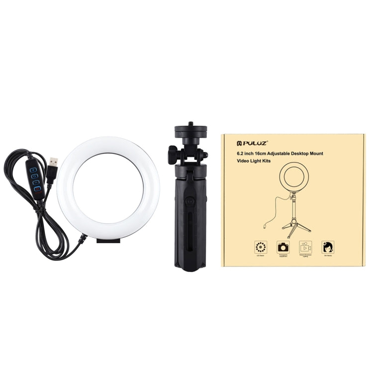 PULUZ 6.2 inch 16cm USB 3 Modes Dimmable LED Ring Vlogging Photography Video Lights + Pocket Tripod Mount Kit with Cold Shoe Tripod Ball Head