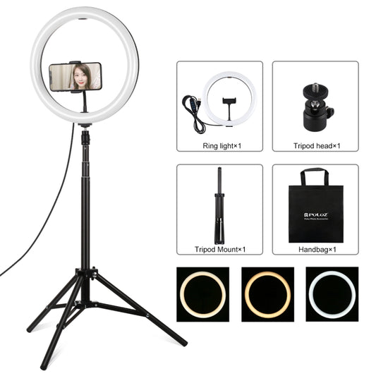 PULUZ 11.8 inch 30cm Light + 1.65m Tripod Mount Curved Surface USB 3 Modes Dimmable Dual Color Temperature LED Ring Vlogging Video Light Live Broadcast Kits with Phone Clamp