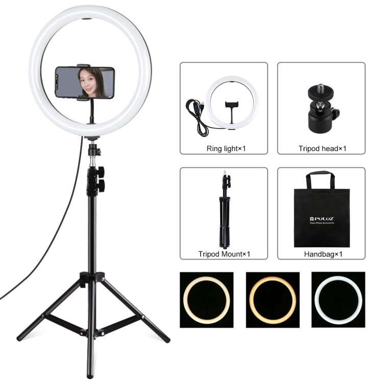 PULUZ 11.8 inch 30cm Light + 1.1m Tripod Mount Curved Surface USB 3 Modes Dimmable Dual Color Temperature LED Ring Vlogging Video Light  Live Broadcast Kits with Phone Clamp