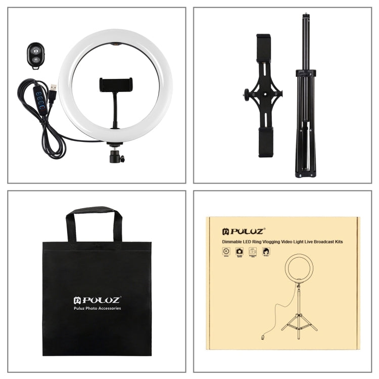 PULUZ 1.65m Tripod Mount + Dual Phone Brackets + 10.2 inch 26cm Curved Surface USB 3 Modes Dimmable Dual Color Temperature Ring Selfie Vlogging Video Light Live Broadcast Kits with Phone Clamp & Selfie Remote Control