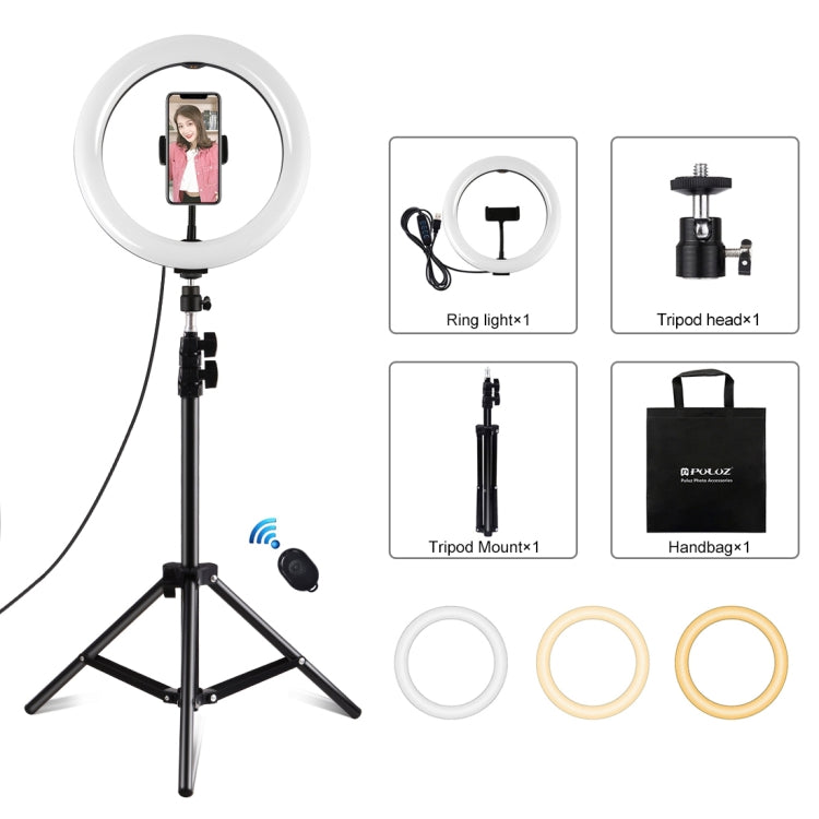 PULUZ 10.2 inch 26cm Ring Light + 1.1m Tripod Mount USB 3 Modes Dimmable Dual Color Temperature LED Curved Diffuse Light Vlogging Selfie Photography Video Lights with Phone Clamp & Selfie Remote Control