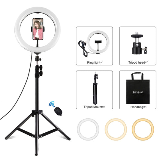 PULUZ 10.2 inch 26cm Ring Light + 1.1m Tripod Mount USB 3 Modes Dimmable Dual Color Temperature LED Curved Diffuse Light Vlogging Selfie Photography Video Lights with Phone Clamp & Selfie Remote Control
