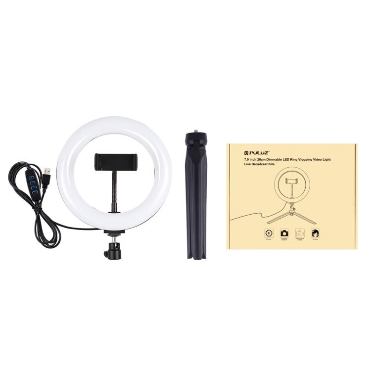 PULUZ 7.9 inch 20cm Light + Desktop Tripod Mount USB 3 Modes Dimmable Dual Color Temperature LED Curved Light Ring Vlogging Selfie Beauty Photography Video Lights with Phone Clamp