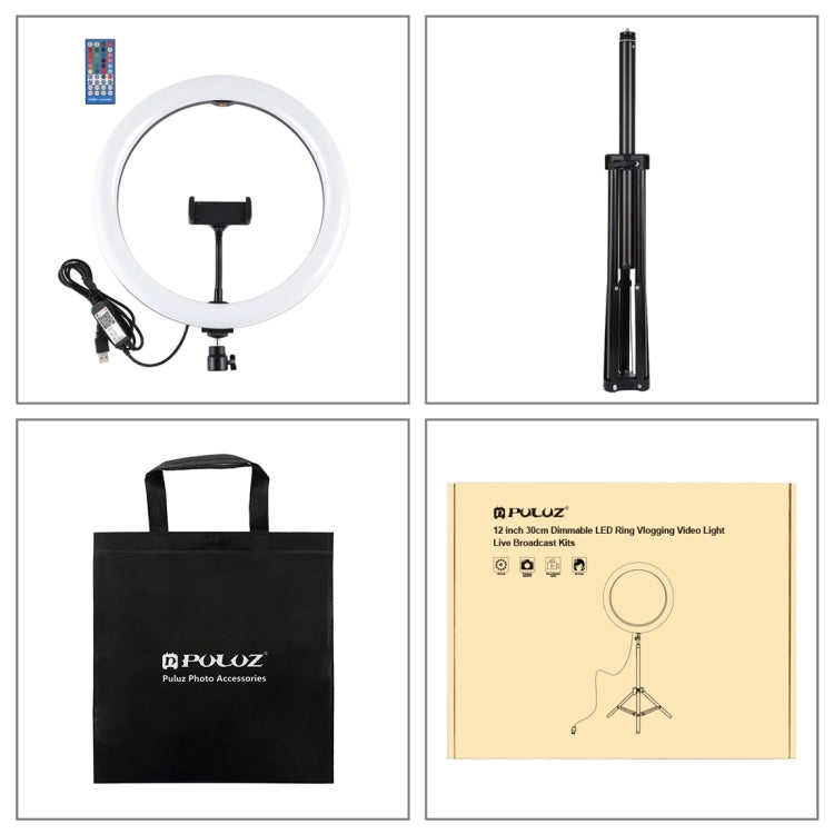 PULUZ 11.8 inch 30cm RGBW Light + 1.65m Mount Curved Surface RGBW Dimmable LED Ring Selfie Vlogging Light  Live Broadcast Kits with Cold Shoe Tripod Adapter & Phone Clamp & Remote Control