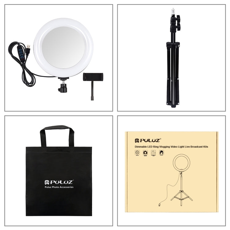 PULUZ 7.9 inch 20cm Mirror Light+ 1.1m Tripod Mount USB 3 Modes Dimmable Dual Color Temperature LED Curved Light Ring Vlogging Selfie Photography Video Lights with Mirror & Phone Clamp