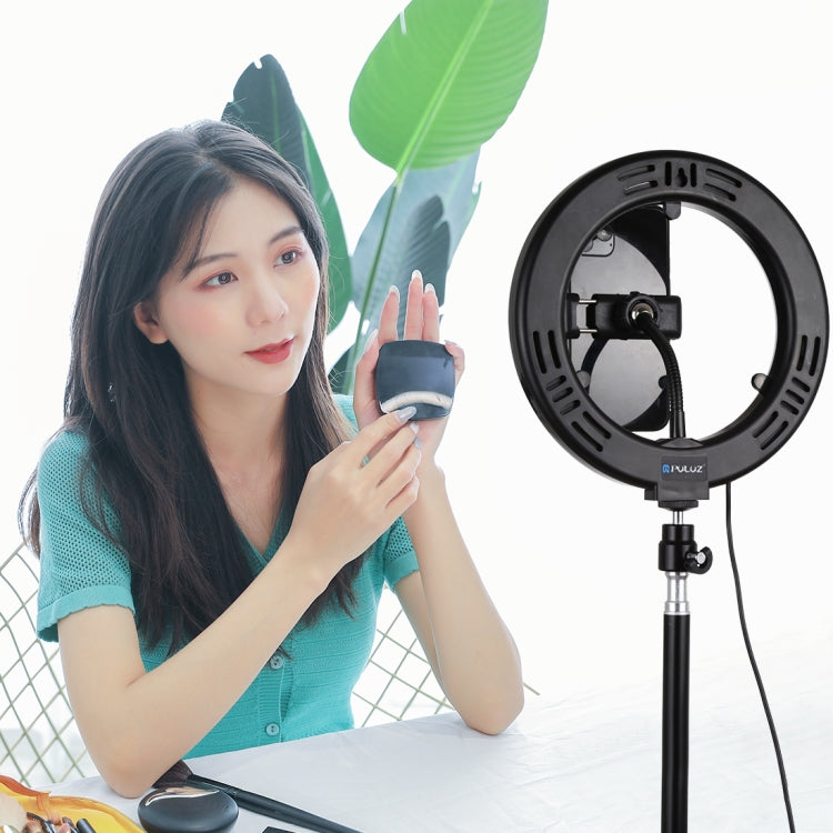 PULUZ 7.9 inch 20cm Mirror Light+ 1.1m Tripod Mount USB 3 Modes Dimmable Dual Color Temperature LED Curved Light Ring Vlogging Selfie Photography Video Lights with Mirror & Phone Clamp