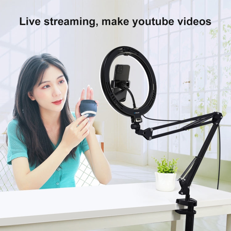 PULUZ 10.2 inch 26cm Ring Curved Light + Desktop Arm Stand USB 3 Modes Dimmable Dual Color Temperature LED Vlogging Selfie Photography Video Lights with Phone Clamp