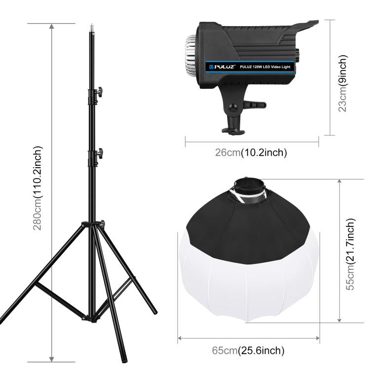 PULUZ 220V 120W Studio Video Light + 2.8m Light Holder + 65cm Foldable Lantern Softbox Photography Kit, 120W 2700K-6500K Light 2.8m Light Holder Kit UK Plug, 120W 2700K-6500K Light 2.8m Light Holder Kit US Plug                                          ...