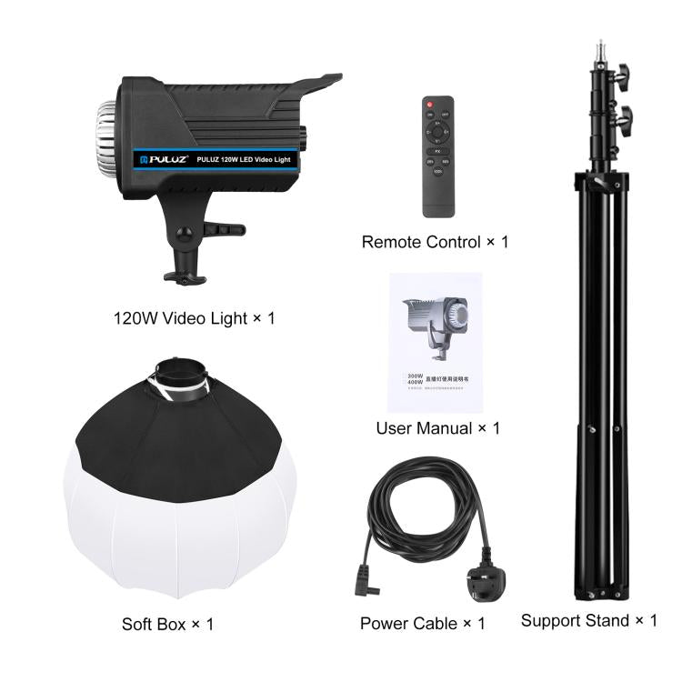 PULUZ 220V 120W Studio Video Light + 2.8m Light Holder + 65cm Foldable Lantern Softbox Photography Kit, 120W 2700K-6500K Light 2.8m Light Holder Kit UK Plug, 120W 2700K-6500K Light 2.8m Light Holder Kit US Plug                                          ...