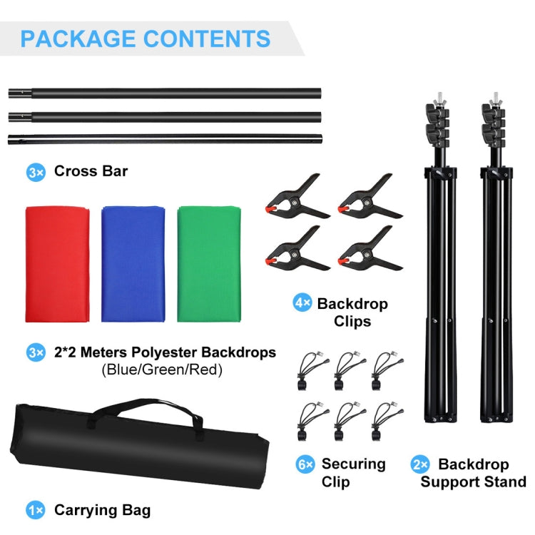PULUZ 2x2m Photo Studio Background Support Stand Backdrop Crossbar Bracket Kit with Red / Blue / Green Backdrops