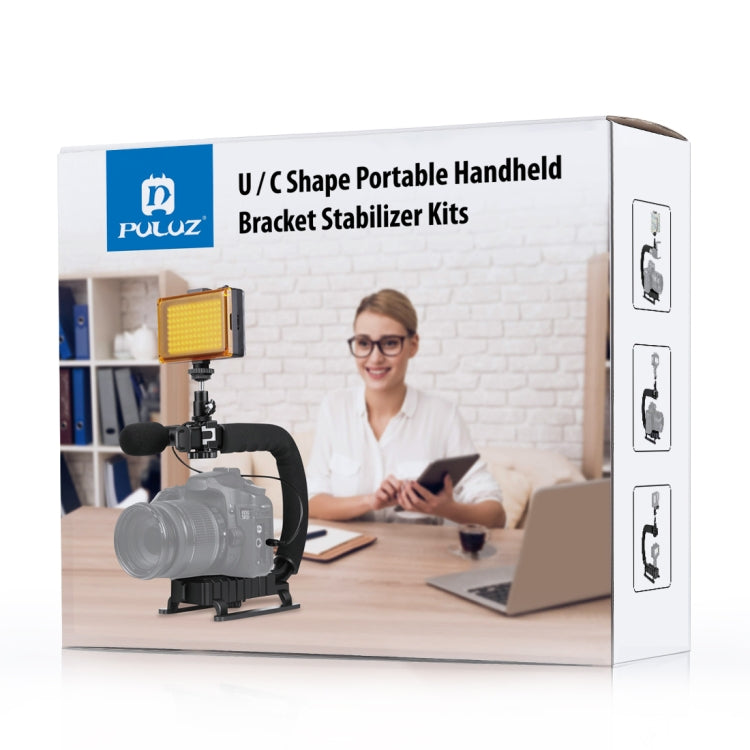 PULUZ U/C Shape 3-Head Cold Shoes Portable Handheld DV Bracket Stabilizer Kit with Cold Shoe Tripod Head & Phone Clamp & Quick Release Buckle & Long Screw for All SLR Cameras and Home DV Camera