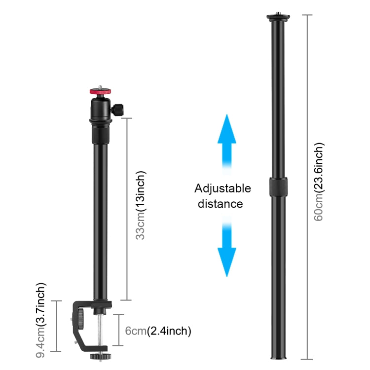 PULUZ C Clamp Mount Light Stand Extension Central Shaft Rod Monopod Holder Kits with Ball-Head, Rod Length: 33-60cm