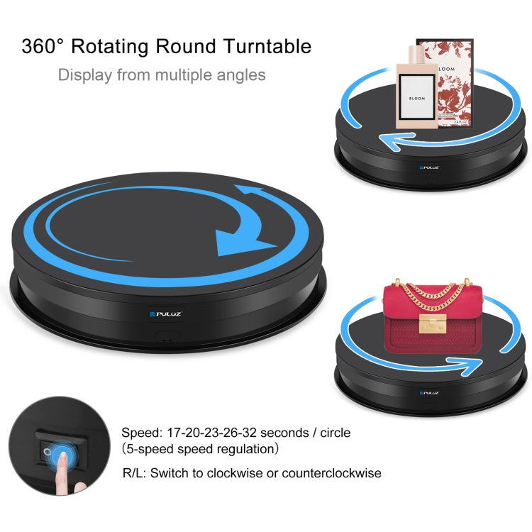 PULUZ 30cm Adjusting Speed Rotating Turntable Display Stand, Load 10-15kg, EU Plug, 30cm Load 10-15kg Black EU Plug, 30cm Load 10-15kg White EU Plug