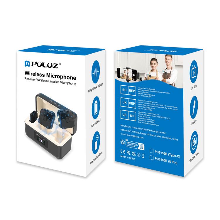 PULUZ Magnetic Lavalier Wireless Microphone with Charging Case Box, Type-C RX Receiver and 2 TX Microphones