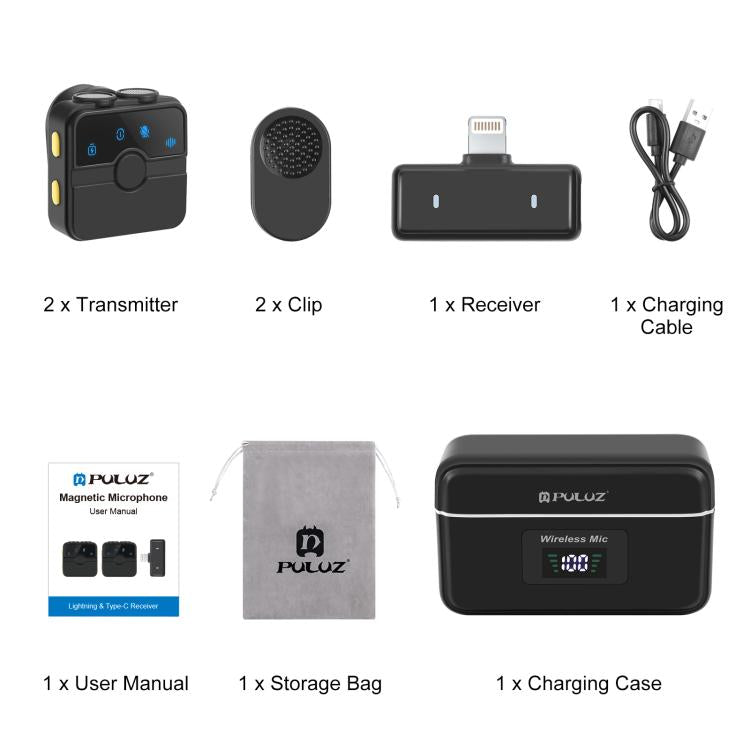 PULUZ Magnetic Lavalier Wireless Microphone with Charging Case Box, 8 Pin RX Receiver and 2 TX Microphones