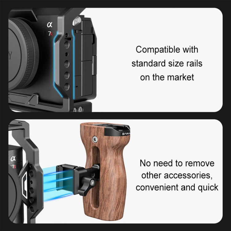 PULUZ Universal Slide Quick Release Side Wooden Handle with Cold Shoe Mount for Camera Cage Stabilizer