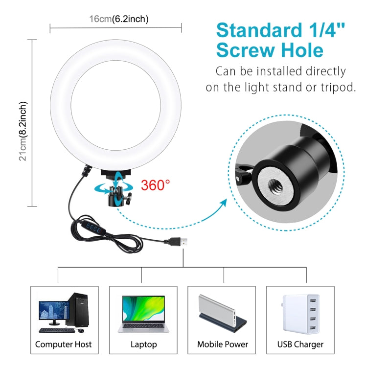 PULUZ 6.2 inch 16cm USB 3 Modes Dimmable LED Ring Vlogging Photography Video Lights with Tripod Ball Head