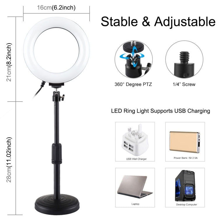 PULUZ Round Base Desktop Mount + 6.2 inch 3 Modes USB Dimmable LED Ring Vlogging Video Light, Adjustable Height: 18cm-28cm