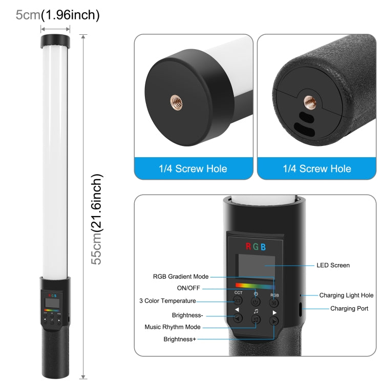 PULUZ 190 LEDs Photo Handheld Stick Light Full Color RGB Fill Light with Barndoor