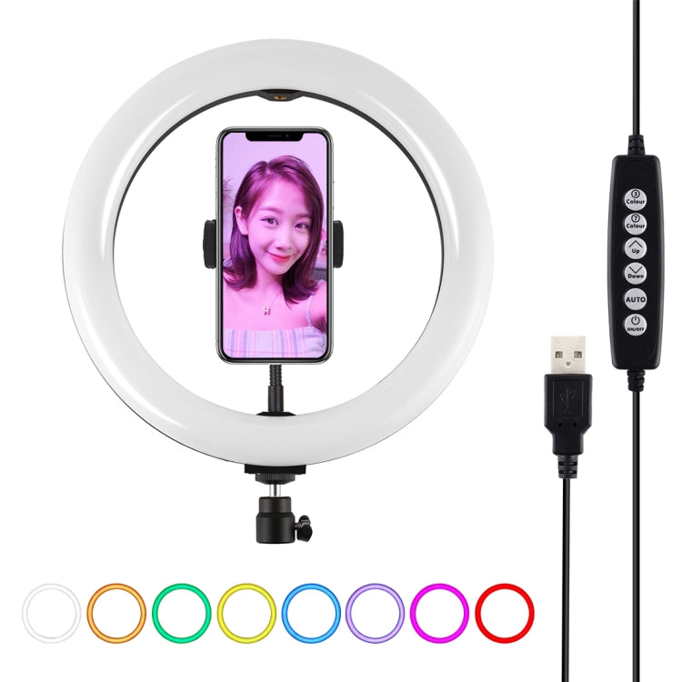 PULUZ 10.2 inch 26cm USB 10 Modes 8 Colors RGBW Dimmable LED Ring Vlogging Photography Video Lights with Cold Shoe Tripod Ball Head & Phone Clamp