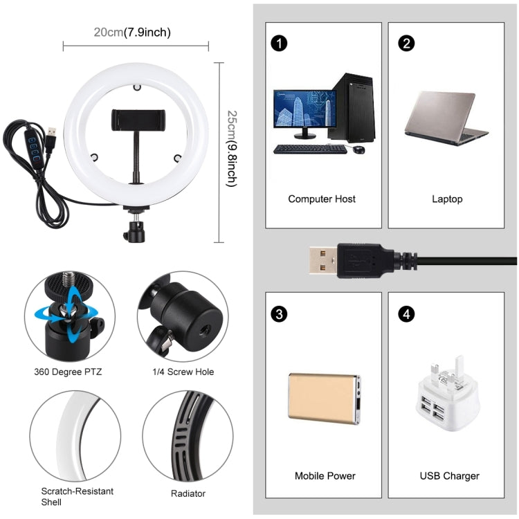 PULUZ 7.9 inch 20cm USB 3 Modes Dimmable Dual Color Temperature LED Curved Light Ring Vlogging Selfie Photography Video Lights with Mirror