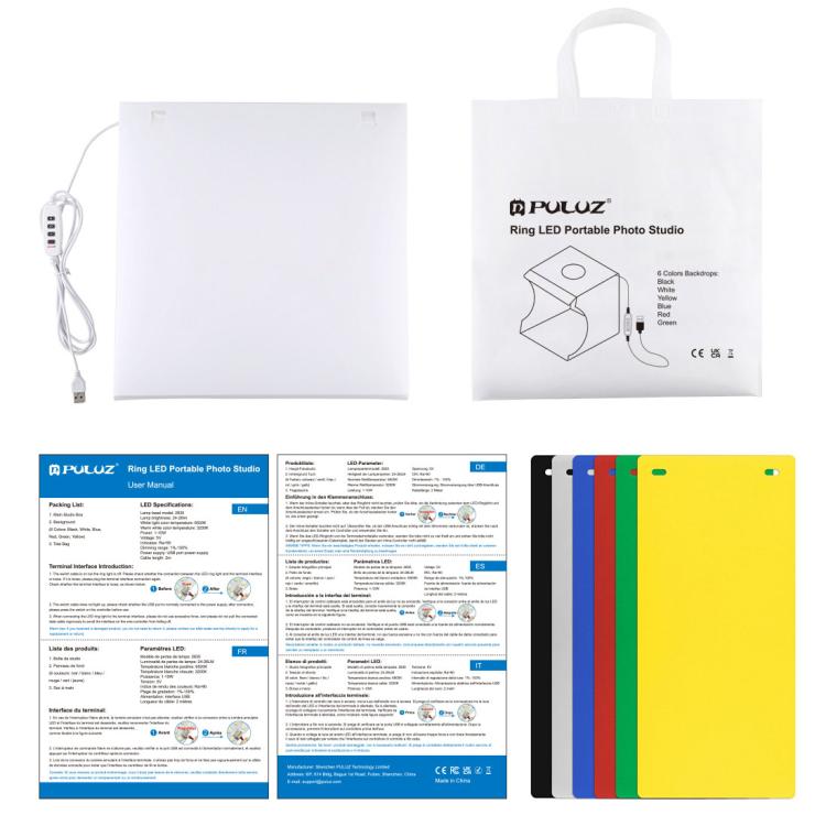 PULUZ 30cm Folding Portable Ring Light Board Photo Lighting Studio Shooting Tent Box Kit with 6 Colors Backdrops (Black, White, Yellow, Red, Green, Blue), Unfold Size: 31cm x 31cm x 32cm