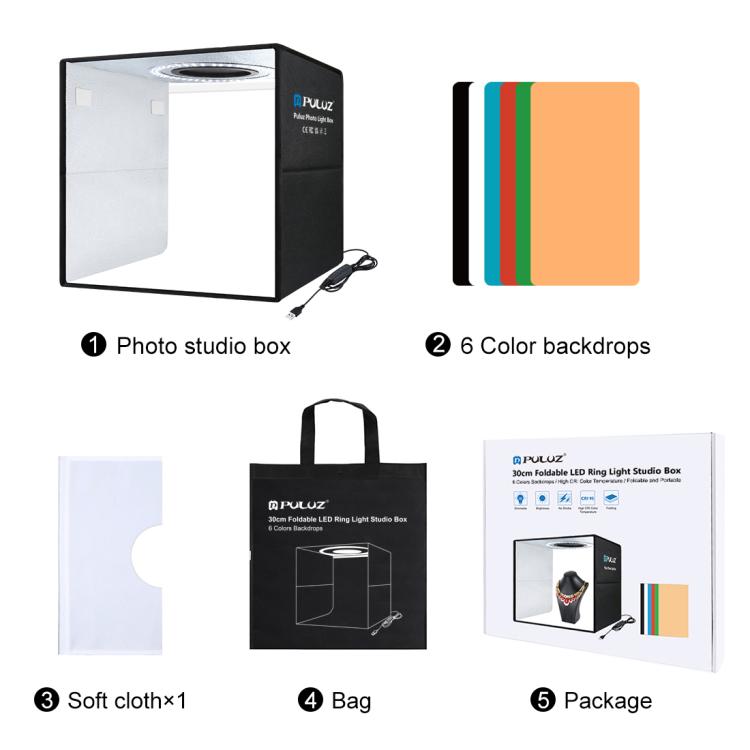 PULUZ 30cm Folding Ring Light Photo Lighting Studio Shooting Tent Box Kit with 6 Colors Black / White / Orange / Red / Green / Blue Backdrops
