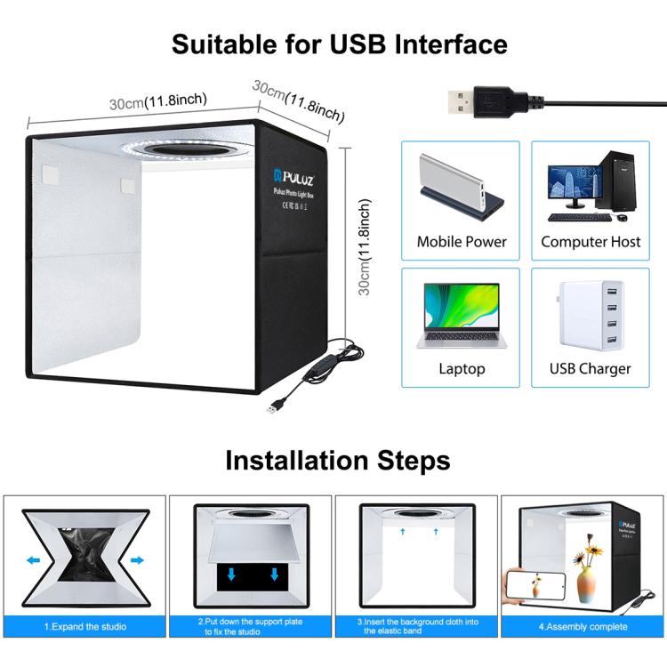 PULUZ 30cm Folding Ring Light Photo Lighting Studio Shooting Tent Box Kit with 6 Colors Black / White / Orange / Red / Green / Blue Backdrops