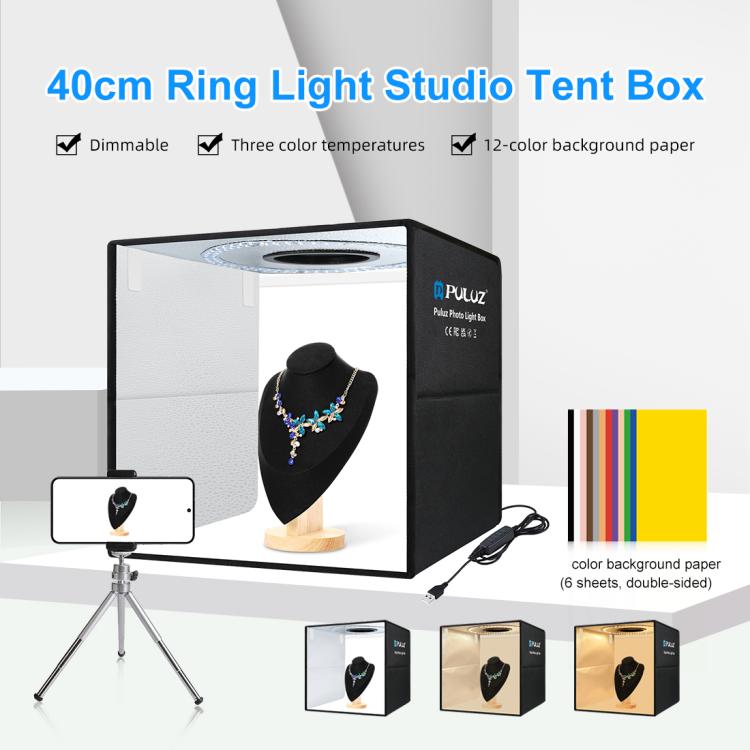 PULUZ 40cm Folding Portable Ring Light USB Photo Lighting Studio Shooting Tent Box with 6 x Dual-side Color Backdrops, Size: 40cm x 40cm x 40cm