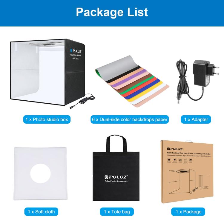 PULUZ 50cm Folding Portable Ring Light PD30W Quick Charge USB Photo Lighting Studio Shooting Tent Box with 6 x Dual-Side Backdrops, Size: 50cm x 50cm x 50cm