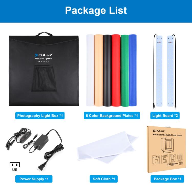 PULUZ Photo Studio Light Box Portable 60 x 60 x 60 cm Light Tent LED 5500K White Light Dimmable Mini 36W Photography Studio Tent Kit with 6 Removable Backdrops (Black Orange White Green Blue Red)