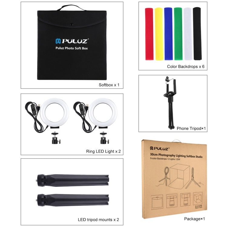 PULUZ 30cm Folding Portable Ring Light Photo Lighting Studio Shooting Tent Box Kit with 6 Colors Backdrops (Black, White, Yellow, Red, Green, Blue), Unfold Size: 31cm x 31cm x 32cm