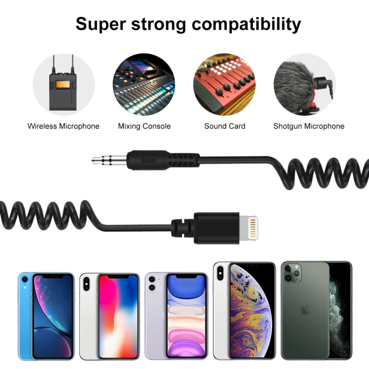 PULUZ 3.5mm TRRS Male to 8 Pin Male Live Microphone Audio Adapter Spring Coiled Cable for iPhone, Cable Stretching to 100cm