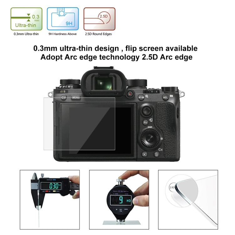 PULUZ 2.5D 9H Tempered Glass Film for Sony ILCE-9 (A9), Compatible with Sony A99 / HX400 / H300 / A99II / A7RIII / A7RII / A77II / WX500 / HX90V / HX7 / HX9 / HX100 / WX9 / HX30 / HX200 / W670 / W630 / WX100, Samsung WB1100 / EX2F, Olympian VH-410