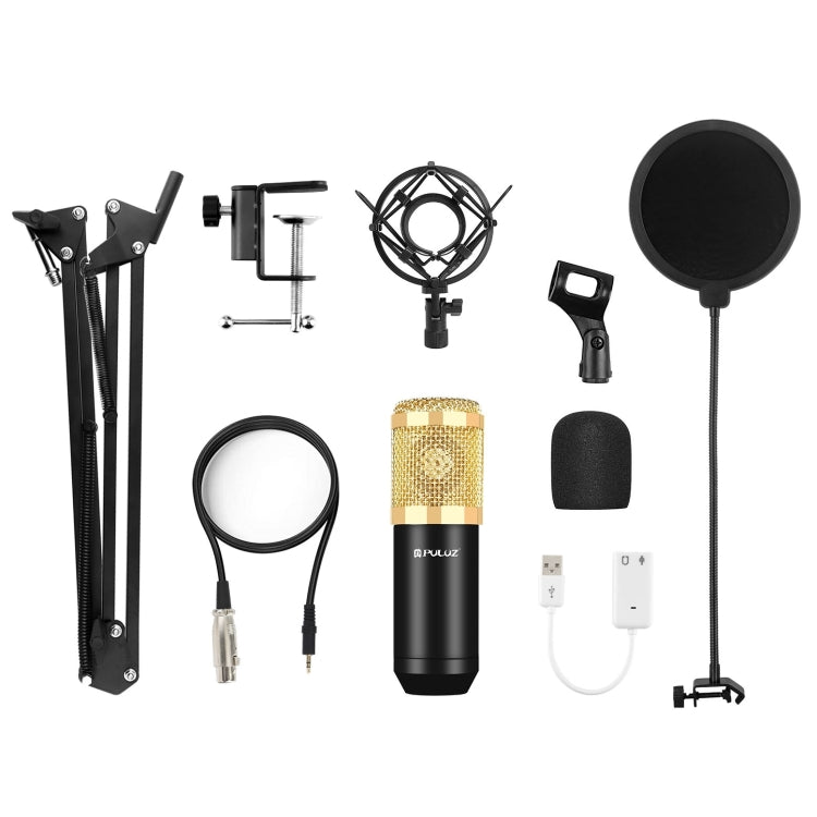 PULUZ Condenser Microphone Studio Broadcast Professional Singing Microphone Kits with Suspension Scissor Arm & Metal Shock Mount & USB Sound Card, Power By 48V