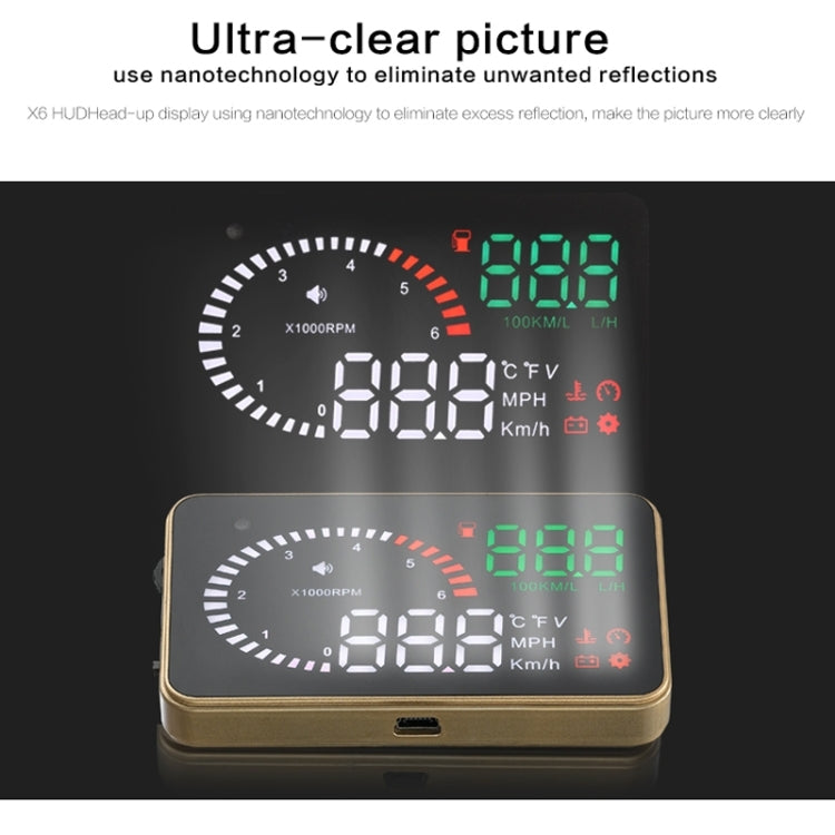 X6 3.5 inch Car OBDII / EUOBD HUD Vehicle-mounted Head Up Display Security System, Support Speed & Water Temperature & Speed Alarm & Fuel Consumption & Battery Voltage, etc.