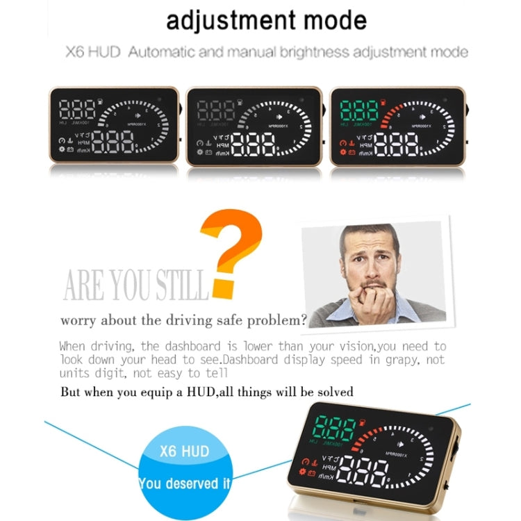 X6 3.5 inch Car OBDII / EUOBD HUD Vehicle-mounted Head Up Display Security System, Support Speed & Water Temperature & Speed Alarm & Fuel Consumption & Battery Voltage, etc.