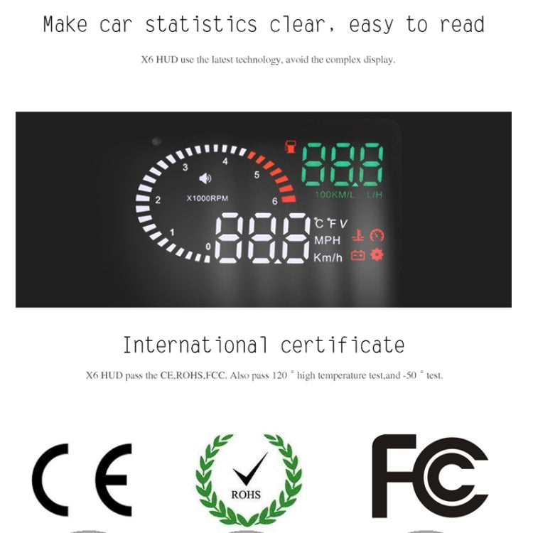 X6 3.5 inch Car OBDII / EUOBD HUD Vehicle-mounted Head Up Display Security System, Support Speed & Water Temperature & Speed Alarm & Fuel Consumption & Battery Voltage, etc.