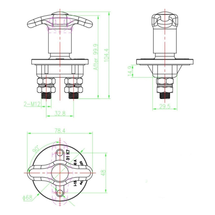 Car Battery Master Switch, Installed Hole Spacing: 48mm, DC 12V / 24V
