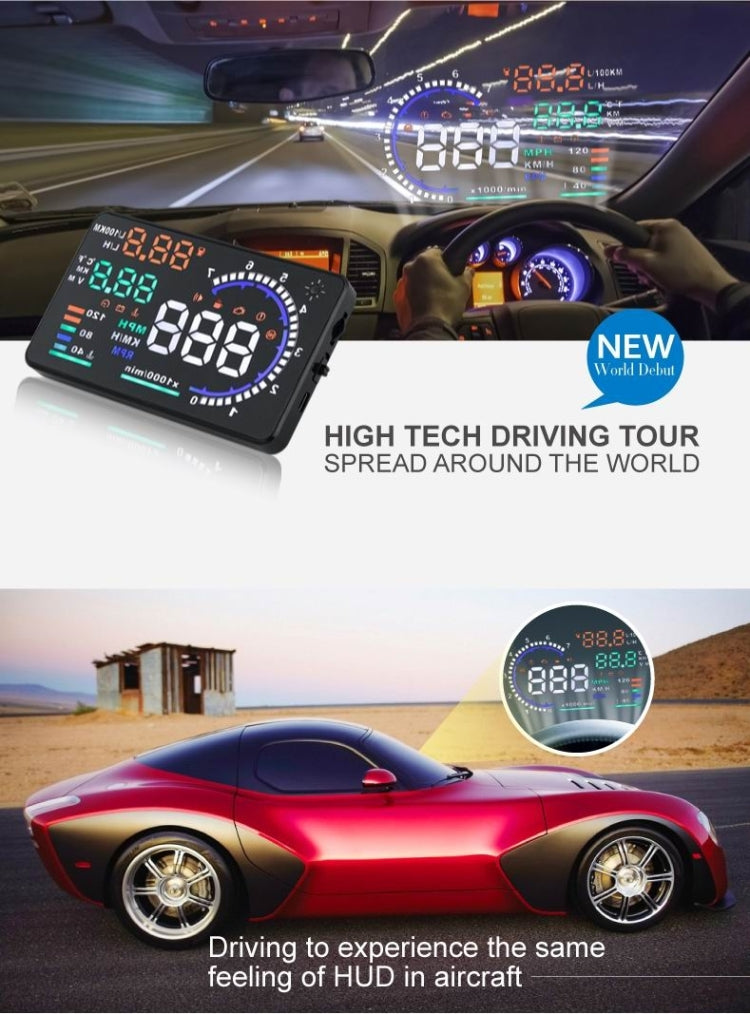 A8 5.5 inch Car OBDII HUD Warning System Vehicle-mounted Head Up Display Projector with LED, Support Fuel Consumption & Over Speed Alarm & Water Temperature & Fault Diagnosis