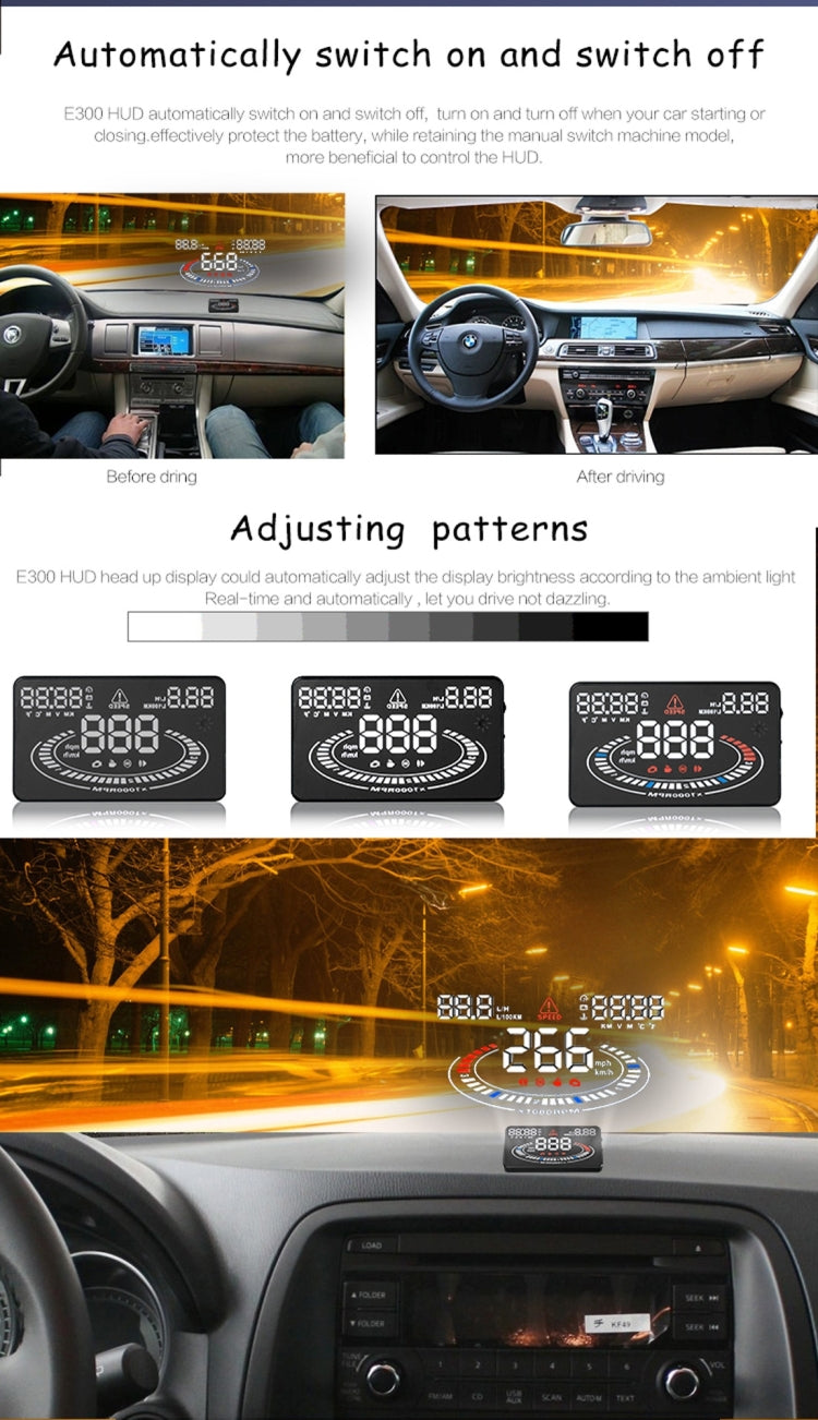 E300 5.5 inch Car OBDII / EUOBD HUD Vehicle-mounted Head Up Display Security System, Support Speed & Fuel Consumption, Overspeed Alarm,  Fuel Consumption, Water Temperature, etc.